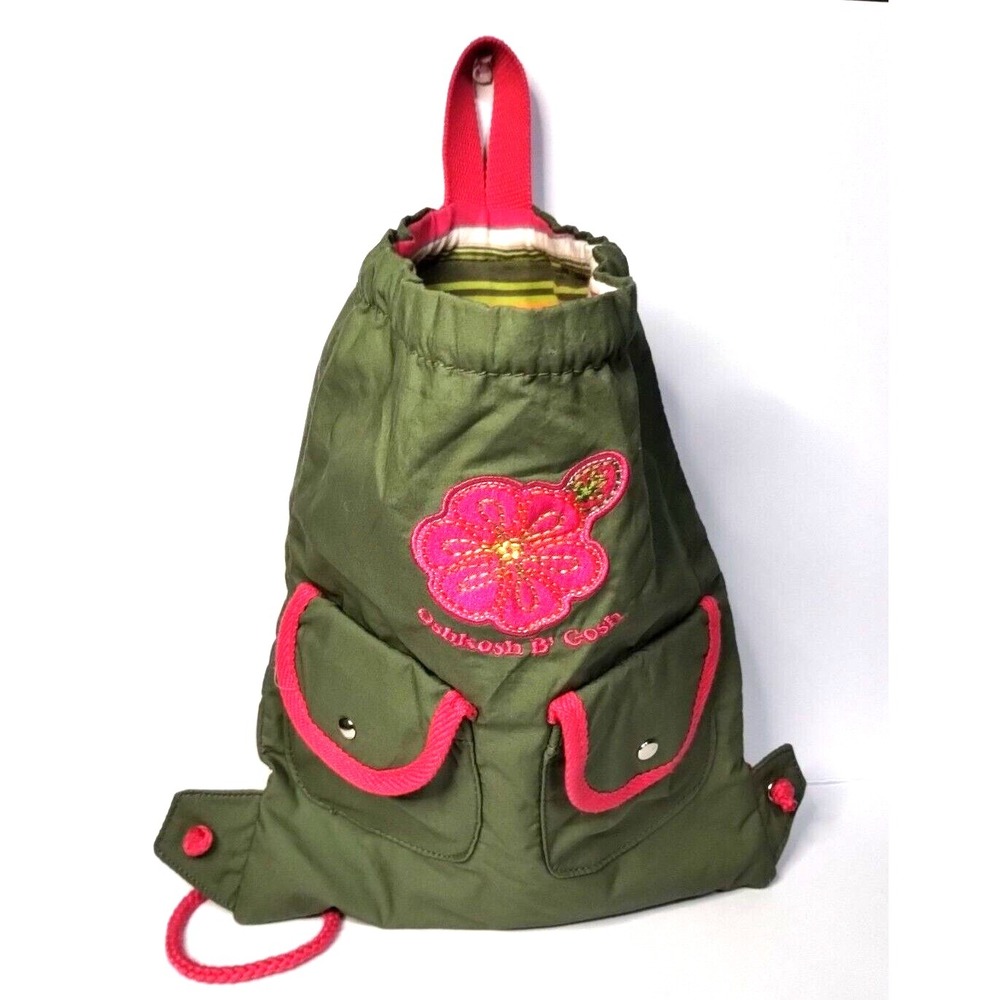 OshKosh B'Gosh Cotton Drawstring Backpack Green Pink Stripes Front Pockets